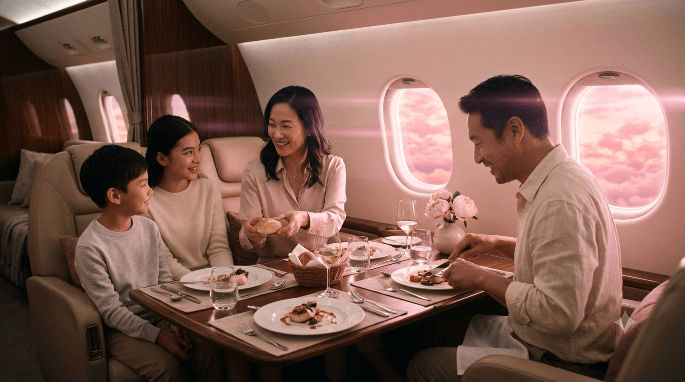 爱飞嘉iFlyPlus公务机包机 家族四口公务机舱内精致餐饮体验